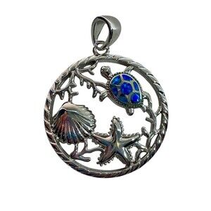 Turtle Starfish Shell Ocean Pendant 925 Sterling Silver Lab Opal Beach